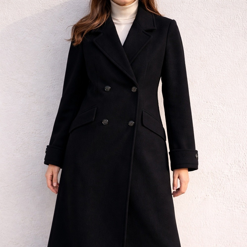 Donnybrook Wool Coat – 12P Black Double Breasted Longline Martingale Belt